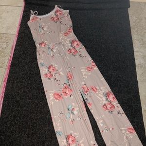 Tan Floral Tank Jumpsuit with pockets